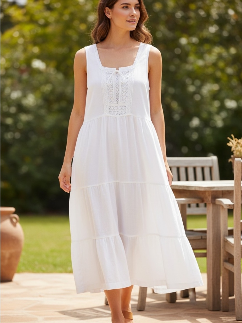 ✨ Coral Bay White Tiered Midi Dress Crochet Lace Cottagecore Boho | Size Small